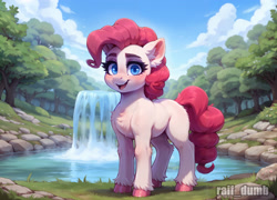Size: 2048x1472 | Tagged: safe, imported from derpibooru, pinkie pie, earth pony, pony, ai content, ai generated, blue eyes, blushing, chest fluff, ear fluff, eyelashes, generator:easyfluff v11.2, generator:stable diffusion, hooves, looking at you, nature, outdoors, prompter:raif, smiling, smiling at you, solo, standing, watermark