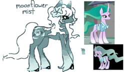 Size: 688x398 | Tagged: safe, artist:junniepiepoopop, imported from derpibooru, screencap, mistmane, oc, oc only, oc:moonflower mist, earth pony, pony, unicorn, campfire tales, coat markings, color palette, colored eartips, colored hooves, concave belly, descendant, earth pony oc, eye clipping through hair, flower, flower on ear, frown, gray coat, gray eyes, horn, long legs, long mane, long tail, narrowed eyes, profile, shiny hooves, simple background, slender, socks (coat markings), solo, standing, tail, text, thin, thin legs, unshorn fetlocks, vector, wavy mane, wavy tail, white background, white mane, white tail