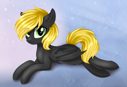 Size: 2269x1561 | Tagged: safe, artist:queenofsilvers, imported from derpibooru, oc, oc only, oc:zafareon, bat pony, pony, bat pony oc, bat wings, chest fluff, commission, ear fluff, eye clipping through hair, eyebrows, eyebrows visible through hair, female, folded wings, looking at you, lying down, mare, prone, signature, smiling, smiling at you, solo, tail, wings