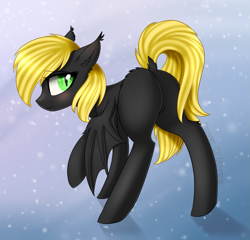 Size: 1489x1432 | Tagged: safe, artist:queenofsilvers, imported from derpibooru, oc, oc only, oc:zafareon, bat pony, pony, bat ears, bat pony oc, bat wings, blushing, butt, butt fluff, commission, dock, ear fluff, ear tufts, eye clipping through hair, eyebrows, eyebrows visible through hair, featureless crotch, female, leg fluff, looking at you, looking back, looking back at you, mare, plot, raised hoof, signature, slit pupils, smiling, smiling at you, solo, spread wings, tail, wings, wings down