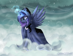 Size: 2222x1700 | Tagged: safe, artist:queenofsilvers, imported from derpibooru, princess luna, spirit of hearth's warming yet to come, alicorn, pony, a hearth's warming tail, blizzard, cloak, clothes, eye clipping through hair, eyebrows, eyebrows visible through hair, female, glowing, glowing horn, hoof shoes, horn, magic, magic aura, mare, outdoors, princess shoes, signature, snow, snowfall, solo, spread wings, wind, wings