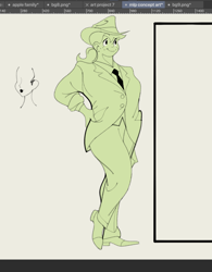 Size: 1088x1396 | Tagged: safe, artist:bixels, imported from derpibooru, applejack, human, clothes, fedora, female, green background, hand on hip, hat, humanized, monochrome, necktie, simple background, smiling, solo, suit, the grand galloping 20s, wip