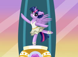 Size: 2324x1700 | Tagged: safe, artist:queenofsilvers, imported from derpibooru, twilight sparkle, alicorn, pony, a royal problem, ballerina, clothes, cute, ear fluff, female, horn, mare, scene interpretation, signature, smiling, solo, spread wings, tail, tutu, twiabetes, twilarina, twilight sparkle (alicorn), wings