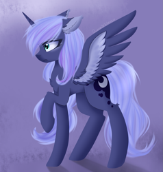 Size: 1405x1477 | Tagged: safe, artist:queenofsilvers, imported from derpibooru, princess luna, alicorn, pony, chest fluff, ear fluff, female, heart, heart eyes, horn, leg fluff, mare, profile, raised hoof, s1 luna, side view, signature, solo, spread wings, style emulation, tail, wingding eyes, wings