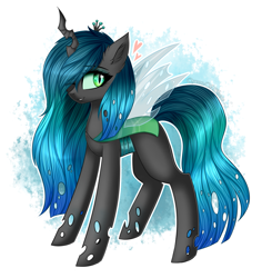 Size: 1665x1700 | Tagged: safe, artist:queenofsilvers, imported from derpibooru, queen chrysalis, changeling, changeling queen, cute, cutealis, ear fluff, eye clipping through hair, eyebrows, eyebrows visible through hair, female, hair over one eye, heart, horn, looking at you, one eye closed, signature, slit pupils, smiling, smiling at you, solo, tail, wings