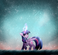 Size: 1805x1700 | Tagged: safe, artist:queenofsilvers, imported from derpibooru, twilight sparkle, alicorn, pony, ear fluff, eye clipping through hair, eyebrows, eyebrows visible through hair, female, folded wings, glowing, glowing horn, grass, heart, heart eyes, horn, looking up, magic, magic aura, mare, night, night sky, outdoors, raised hoof, raised leg, signature, sky, solo, standing on two hooves, stars, tail, twilight sparkle (alicorn), wingding eyes, wings