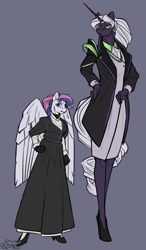 Size: 3500x6000 | Tagged: safe, artist:stardustspix, imported from derpibooru, oc, oc:violet corona, oc:welkin wisp, anthro, pegasus, unicorn, absurd resolution, clipped wings, clothes, collar, colored eyebrows, colored eyelashes, colored pupils, dress, duo, female, gloves, height difference, high heels, horn, jewelry, maid, mare, ponytail, shoes, simple background, sternocleidomastoid, tall, wings