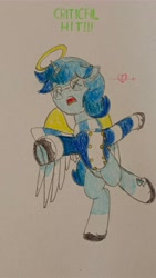 Size: 2592x4608 | Tagged: safe, imported from derpibooru, oc, oc only, oc:radiant windstar, alicorn, angel pony, original species, angel, clothes, critical hit, halo, heartbreak, scarf, spread wings, three toned wings, traditional art, wings