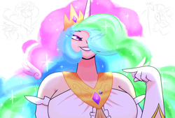 Size: 9000x6075 | Tagged: safe, artist:iceflower99, imported from derpibooru, princess celestia, human, chuckle, cutie mark, horn, horned humanization, humanized, text, video at source, video in description