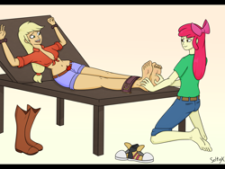 Size: 1600x1200 | Tagged: safe, artist:seltiox, imported from derpibooru, apple bloom, applejack, equestria girls, adult, apple family member, applecest, barefoot, belly button, blonde hair, bondage, bondage furniture, clothes, feet, female, fetish, incest, laughing, midriff, red hair, shoes, siblings, sisters, tickle fetish, tickle torture, tickling