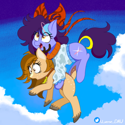 Size: 3070x3070 | Tagged: safe, artist:juniverse, imported from derpibooru, oc, oc:juniverse, deer, deer pony, hybrid, original species, blue sky, cloud, colored, commission, deer oc, happy, holding up, jump at the sky, jumping, near from space, non-pony oc, scared, sky, spacepony
