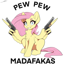 Size: 3000x3000 | Tagged: safe, artist:skitsroom, imported from derpibooru, fluttershy, pegasus, pony, dual wield, gun, solo, weapon, wing hands, wings