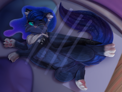 Size: 3000x2250 | Tagged: safe, artist:taiweiart, imported from derpibooru, princess luna, alicorn, cat, bed, blue eyes, blue mane, blue tail, catified, chest fluff, crepuscular rays, cushion, cute, digital art, ear fluff, ethereal mane, ethereal tail, female, flowing mane, flowing tail, folded wings, high res, lying down, mare, moonlight, one eye closed, paws, sleeping, smiling, solo, sparkles, species swap, stars, tail, wings