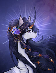 Size: 1687x2184 | Tagged: safe, artist:alinquilz, imported from derpibooru, oc, oc only, alicorn, pony, beautiful, cloud, curved horn, cute, digital art, ethereal mane, eyeshadow, feather, female, flower, flower in hair, flowing mane, folded wings, high res, horn, jewelry, lidded eyes, long hair, makeup, mare, moon, moonlight, purple eyes, purple mane, regalia, signature, sky, smiling, solo, starry mane, stars, windswept mane, wings