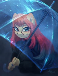Size: 1650x2160 | Tagged: safe, artist:amishy, imported from derpibooru, oc, oc only, oc:sheron, anthro, unicorn, clothes, female, freckles, glasses, horn, looking at you, mare, round glasses, see-through, solo, umbrella