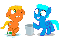 Size: 3336x2144 | Tagged: safe, artist:memeartboi, imported from derpibooru, earth pony, pegasus, pony, best bros, best friends, best friends forever, bff, brothers, bucket, cold, colt, cute, darwin watterson, duo, duo male, foal, freezing, gumball watterson, happy, ice bucket challenge, male, ponified, prank, sibling, sibling bonding, sibling love, siblings, simple background, smiling, the amazing world of gumball, troll, wet, wet mane, white background