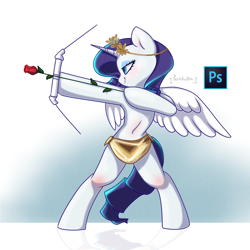 Size: 3003x3000 | Tagged: safe, artist:persikulka, imported from derpibooru, rarity, pony, unicorn, arrow, bipedal, bow (weapon), bow and arrow, cupid, dexterous hooves, fake wings, female, flower, high res, hoof hold, horn, knee blush, laurel wreath, lidded eyes, mare, photoshop, rose, simple background, smiling, solo, weapon, white background