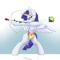 Size: 3000x3000 | Tagged: safe, alternate version, artist:persikulka, imported from derpibooru, rarity, pony, unicorn, arrow, belly, bipedal, bow (weapon), bow and arrow, cupid, dexterous hooves, fake wings, female, flower, high res, hoof hold, horn, knee blush, laurel wreath, lidded eyes, mare, paint tool sai, ribcage, rose, simple background, smiling, solo, weapon, white background