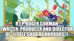 Size: 888x499 | Tagged: safe, edit, edited screencap, imported from derpibooru, screencap, sci-twi, twilight sparkle, human, equestria girls, equestria girls series, my little shop of horrors, audrey 2, in memoriam, little shop of horrors, my little pony equestria girls: better together, plant, rest in peace, roger corman