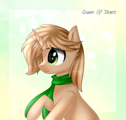Size: 2173x2077 | Tagged: safe, artist:queenofsilvers, imported from derpibooru, oc, oc only, pony, unicorn, art trade, clothes, eyebrows, high res, horn, profile, scarf, side view, smiling, solo, unicorn oc