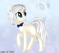 Size: 2173x1968 | Tagged: safe, artist:queenofsilvers, imported from derpibooru, oc, oc only, pony, unicorn, art trade, bowtie, eye clipping through hair, female, horn, looking sideways, mare, raised hoof, smiling, solo, tail, unicorn oc, zoom layer