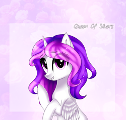 Size: 2173x2077 | Tagged: safe, artist:queenofsilvers, imported from derpibooru, oc, oc only, alicorn, pony, alicorn oc, art trade, ear fluff, eye clipping through hair, eyebrows, eyebrows visible through hair, female, folded wings, horn, looking at you, mare, smiling, smiling at you, solo, wings