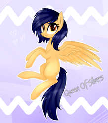 Size: 1593x1821 | Tagged: safe, artist:queenofsilvers, imported from derpibooru, oc, oc only, oc:vega light, pegasus, pony, female, flying, looking at you, mare, pegasus oc, signature, smiling, smiling at you, solo, spread wings, tail, wings