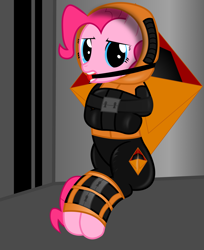 Size: 2000x2448 | Tagged: safe, artist:cardshark777, imported from derpibooru, pinkie pie, earth pony, pony, ballgag, bondage, bound and gagged, clothes, female, gag, helpless, hood, keyhole, latex, latex suit, lock, looking at you, mare, prisoner, sitting, solo, straitjacket, straps, suit, symbol