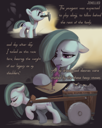 Size: 1730x2160 | Tagged: safe, artist:jewellier, imported from derpibooru, part of a set, marble pie, earth pony, pony, series:ask the pie sisters, ask, comic, english, female, filly marble pie, hammer, mare, quill, rock farm, solo, text, translation, wagon