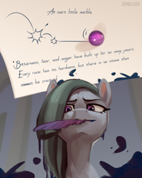 Size: 1730x2160 | Tagged: safe, artist:jewellier, imported from derpibooru, part of a set, marble pie, earth pony, pony, series:ask the pie sisters, ask, comic, english, female, ink, inky pie, marble, mare, quill, solo, stain, text, translation