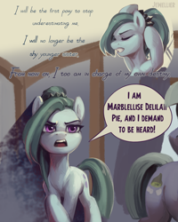 Size: 1730x2160 | Tagged: safe, artist:jewellier, imported from derpibooru, part of a set, limestone pie, marble pie, earth pony, pony, series:ask the pie sisters, alternate hairstyle, ask, comic, english, female, ink, inky pie, marble, mare, ponytail, quill, speech bubble, stain, text, translation