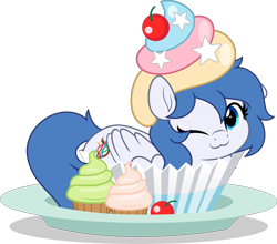 Size: 5671x5000 | Tagged: safe, artist:jhayarr23, imported from derpibooru, oc, oc:graceful motion, pegasus, cupcake, cute, food, looking at you, one eye closed, simple background, wink, winking at you