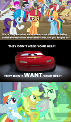 Size: 1000x1720 | Tagged: safe, edit, edited screencap, editor:incredibubbleirishguy, imported from derpibooru, screencap, applejack, rainbow dash, rarity, a canterlot wedding, the cart before the ponies, angry, apology, car, cars (pixar), denied, furious, guilty, horrified, implied apple bloom, implied cutie mark crusaders, implied scootaloo, implied sweetie belle, lightning mcqueen, racecar, sad