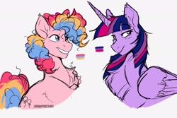 Size: 2048x1365 | Tagged: safe, artist:jhonnysheep, imported from derpibooru, pinkie pie, twilight sparkle, alicorn, earth pony, pony, unicorn, 2023, bisexual pride flag, duo, duo female, female, horn, pansexual pride flag, pride, pride flag, simple background, smiling, twilight sparkle (alicorn), white background