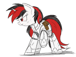 Size: 3323x2500 | Tagged: safe, artist:blackjackpone, artist:ncmares, edit, imported from twibooru, oc, oc only, oc:blackjack, cyborg, pony, unicorn, fallout equestria, fallout equestria: project horizons, armor, bag, fanfic, fanfic art, female, hooves, horn, image, level 1 (project horizons), mare, png, raised hoof, saddle bag, simple background, sketch, small horn, solo, solo female, transparent background, unicorn oc