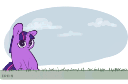 Size: 560x367 | Tagged: safe, artist:erein, imported from derpibooru, twilight sparkle, pony, unicorn, animated, big ears, big eyes, chibi, cloud, colored, cute, ears up, female, flat colors, gif, grass, horn, looking at you, multicolored hair, multicolored tail, sketch, sky, smiling, smiling at you, solo, tail