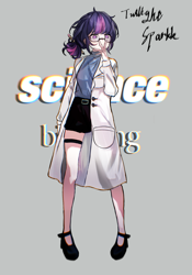 Size: 1341x1911 | Tagged: safe, artist:球球泥棍, imported from derpibooru, sci-twi, twilight sparkle, human, belt, clothes, glasses, gray background, humanized, science, scientist, shirt, shoes, simple background, skirt, text