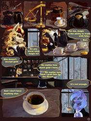 Size: 2268x3024 | Tagged: safe, artist:krapinkaius, imported from derpibooru, princess luna, oc, oc:golden rosetta rose, alicorn, bicorn, pony, bag, cafe, cigar, clothes, coffee, coffee grinder, coffee pot, coin, comic, cup, ethereal mane, horn, knife, libra, magic, magic aura, multiple horns, musket, necktie, photo, pillow, plague doctor mask, rain, robe, signature, silhouette, sitting, spoon, suit, table, weapon, window