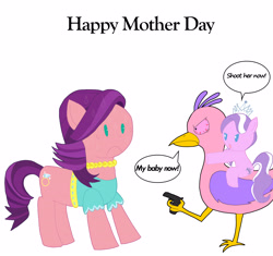 Size: 4368x4104 | Tagged: safe, artist:pokeneo1234, imported from derpibooru, diamond tiara, spoiled rich, crossover, female, garten of banban, gun, mother and child, mother and daughter, mother's day, opila bird, weapon