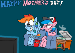 Size: 3018x2162 | Tagged: safe, artist:dragonboi471, artist:rainbowdashsmailbag, imported from derpibooru, firefly, rainbow dash, pony, chips, couch, doritos, duo, duo female, female, firefly as rainbow dash's mom, food, g1, mother and child, mother and daughter, mother's day, pizza, soda, television