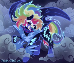 Size: 1028x883 | Tagged: safe, artist:tigerstar_art, imported from derpibooru, rainbow dash, pegasus, pony, abstract background, alternate design, alternate timeline, black coat, blue sclera, bracer, cloud, coat markings, collar, colored sclera, colored teeth, eternal night au (janegumball), ethereal mane, ethereal tail, female, glowing, glowing coat markings, glowing eyes, glowing mane, glowing tail, looking at you, mare, mist, multicolored hair, multicolored mane, multicolored tail, narrowed eyes, nightmare rainbow dash, nightmare takeover timeline, nightmarified, no catchlights, partially open wings, pink eyes, purple tongue, rainbow hair, rainbow tail, raised hoof, signature, slit pupils, smiling, smiling at you, solo, spiked collar, spiky mane, spiky tail, standing, tail, teeth, thick eyelashes, tongue out, wings