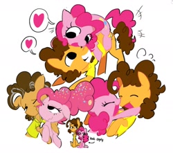 Size: 1430x1265 | Tagged: safe, artist:appledash3r_, imported from derpibooru, cheese sandwich, pinkie pie, earth pony, pony, brown mane, brown tail, cheesepie, clothes, curly mane, curly tail, cute, diacheeses, diapinkes, duo, duo male and female, emanata, eye clipping through hair, eyelashes, eyes closed, female, glomp, hair bun, height difference, hug, looking at each other, looking at someone, male, mare, no catchlights, older, older cheese sandwich, older pinkie pie, one eye closed, open mouth, open smile, orange coat, pink coat, pink mane, pink tail, plewds, shipping, shirt, simple background, smiling, speech bubble, stallion, straight, t-shirt, tail, text, tied mane, wavy mouth, white background