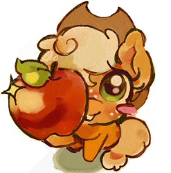 Size: 1186x1200 | Tagged: safe, artist:applepums, imported from derpibooru, applejack, earth pony, pony, apple, applejack's hat, blonde mane, blonde tail, blush sticker, blushing, colored, cowboy hat, cute, drawing challenge, eye clipping through hair, eyelashes, female, food, foreshortening, freckles, green eyes, hat, hoof hold, jackabetes, looking at you, mare, open mouth, open smile, orange coat, shiny eyes, simple background, sitting, smiling, solo, tail, tied tail, white background, wingding eyes