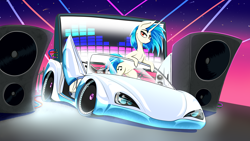 Size: 7680x4320 | Tagged: safe, artist:bumskuchen, imported from derpibooru, dj pon-3, vinyl scratch, pony, unicorn, bassmobile, car, chest fluff, fog, horn, laser, looking at you, red eyes, simple background, solo, speaker, sports car, vehicle