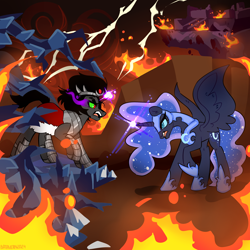 Size: 3000x3000 | Tagged: safe, artist:batavern, imported from derpibooru, king sombra, nightmare moon, canterlot, concave belly, crystal, dark magic, fire, lightning, magic, slender, thin