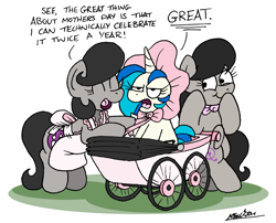 Size: 1872x1514 | Tagged: safe, artist:bobthedalek, imported from derpibooru, dj pon-3, octavia melody, vinyl scratch, oc, oc:mixed melody, oc:octavia's mother, earth pony, pony, unicorn, apron, baby carriage, bonnet, clothes, dialogue, female, happy, horn, mare, mother and child, mother and daughter, mother's day, scrunchy face, stifling laughter, stroller, this will end in intensive mothering, unamused, vinyl scratch is not amused
