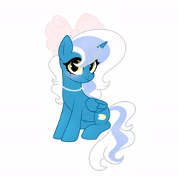 Size: 6890x6890 | Tagged: safe, artist:riofluttershy, imported from derpibooru, oc, oc only, oc:fleurbelle, alicorn, pony, alicorn oc, blushing, bow, female, hair bow, horn, jewelry, mare, necklace, pearl, pearl necklace, simple background, smiling, solo, wings, yellow eyes