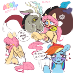 Size: 3000x3000 | Tagged: safe, artist:bloodymrr, imported from derpibooru, discord, fluttershy, rainbow dash, draconequus, pegasus, pony, abdl, alternate universe, dialogue, diaper, diaper fetish, embarrassed, female, fetish, heart, looking at you, pacifier, ponytail, scared, simple background, sitting, smiling, text, trio, white background, wings