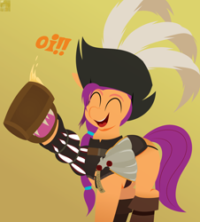 Size: 3620x4000 | Tagged: safe, artist:isaac_pony, imported from derpibooru, sunny starscout, earth pony, pony, armor, boots, clothes, crossover, dialogue, drink, drinking, eyes closed, feather, g5, happy, hat, shoes, smiling, solo, text, vermintide, warhammer (game), warhammer fantasy, warhammer:end times - vermintide