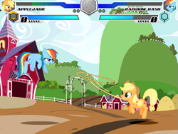 Size: 635x477 | Tagged: safe, imported from ponybooru, applejack, rainbow dash, earth pony, pegasus, fighting is magic, fan game, flying, home, lasso, private version, rope, sweet apple acres